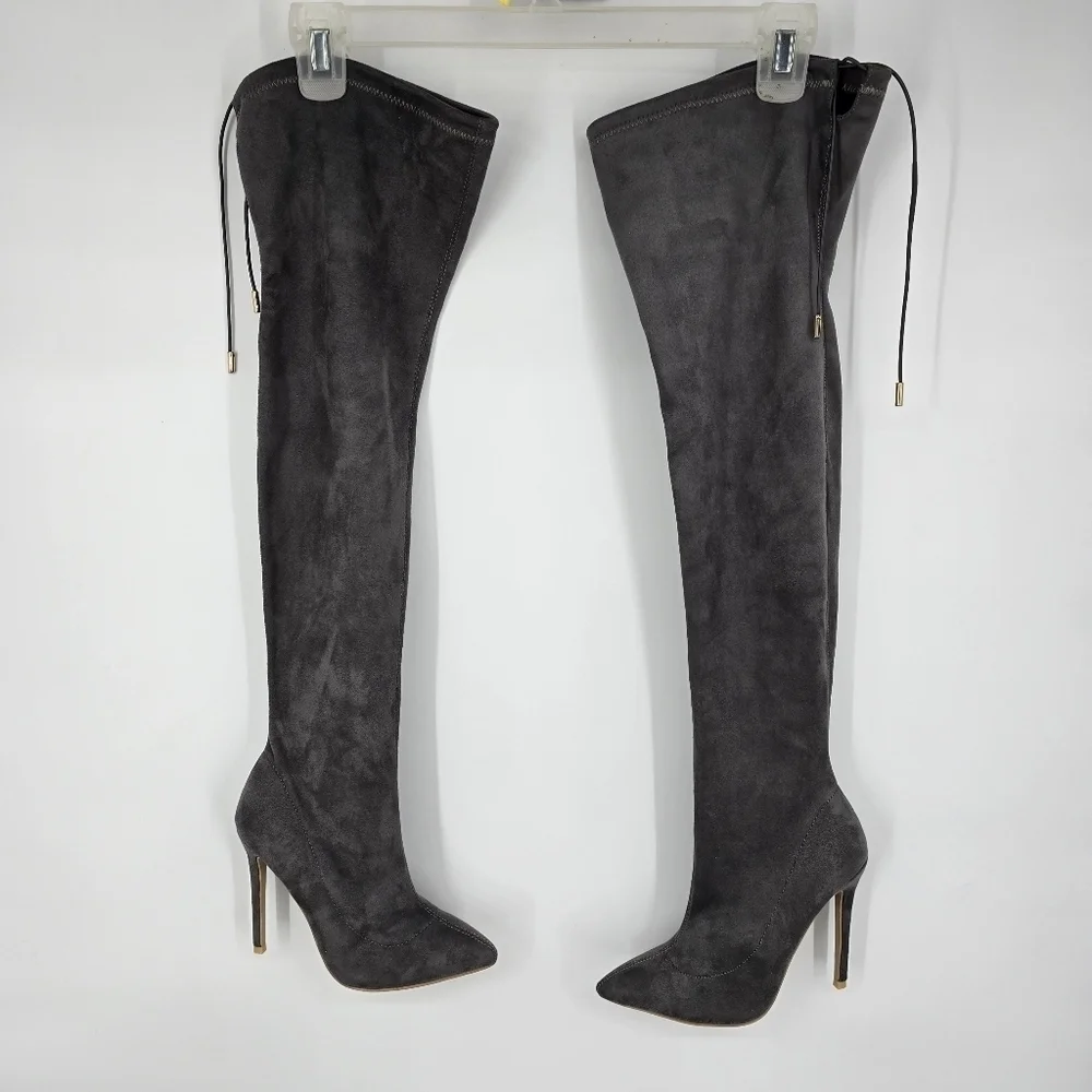 Beston Shoes Women 7 Jackie Faux Suede Over The Knee Heel Boots Grey